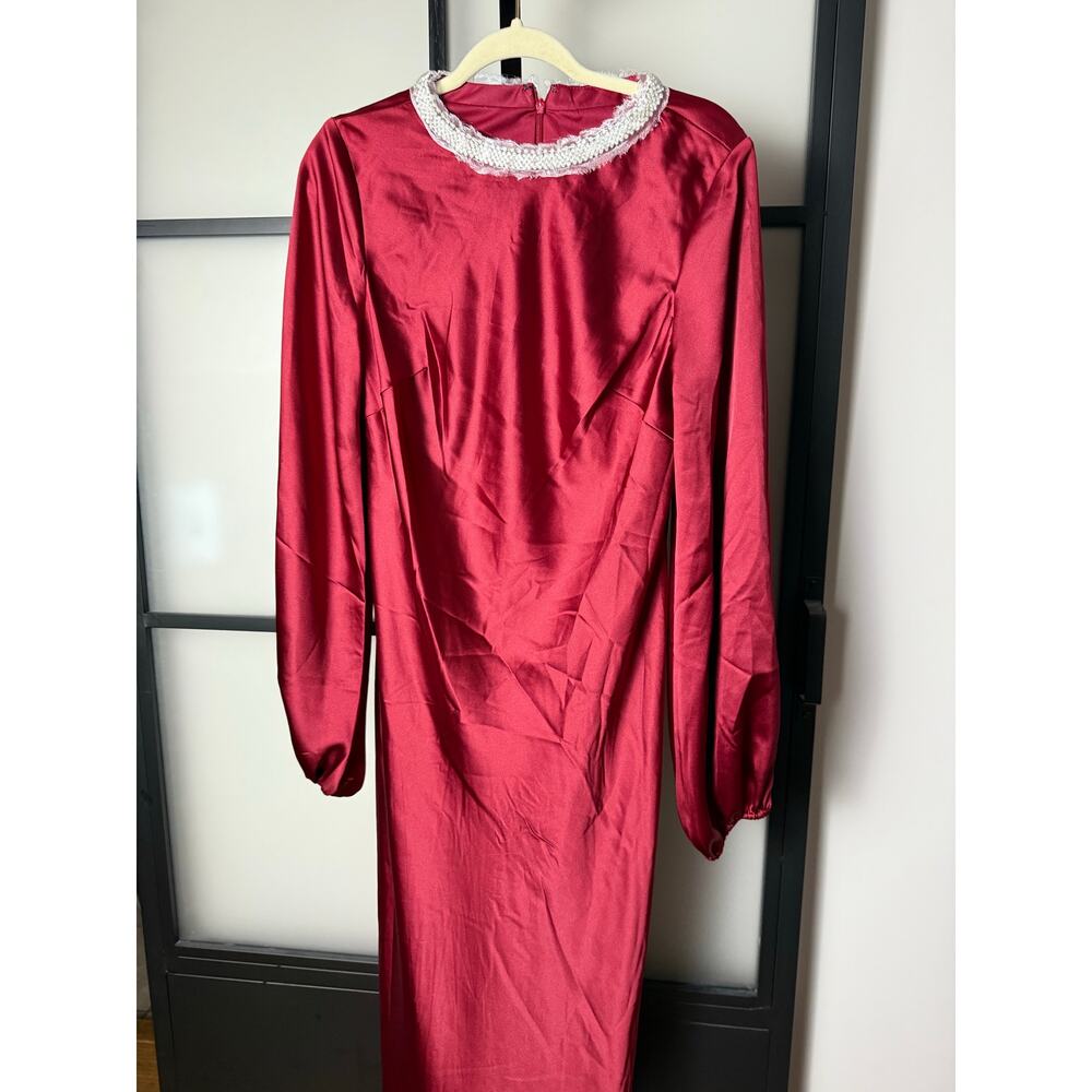 Mac Duggal Red Satin Midi Dress with Balloon Sleeves - Picture 4 of 10